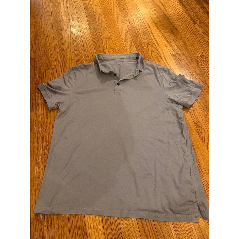 AllSaints Mens XL Slim Fit Organic Cotton Ramskull Polo Shirt Blue Grey